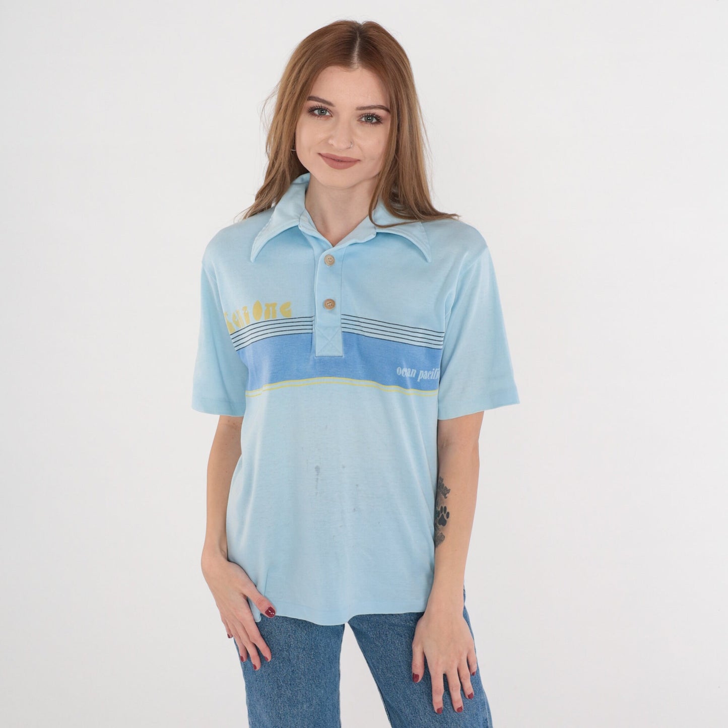 70s Ocean Pacific Tenz One Striped Polo Shirt Blue Small