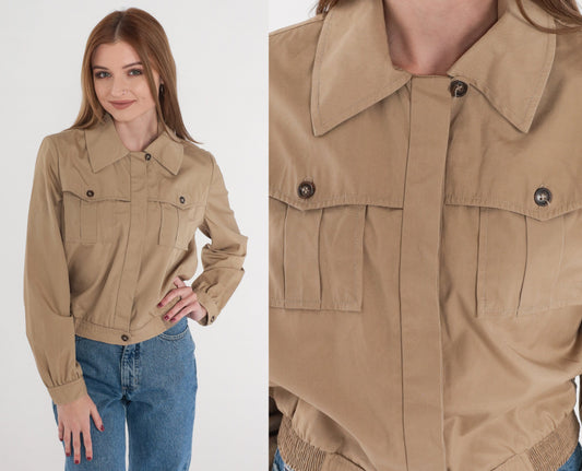 70s Tan Cropped Jacket Cargo Pockets Collared Bomber Extra Small
