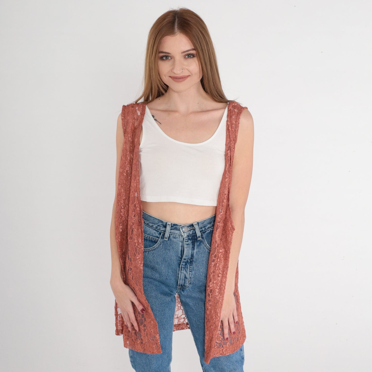 90s Floral Lace Vest Terracotta Sheer Open Front Longline Large L