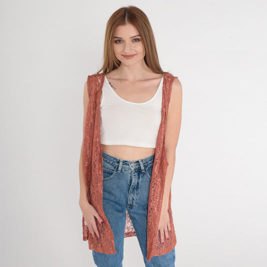 90s Floral Lace Vest Terracotta Sheer Open Front Longline Large L
