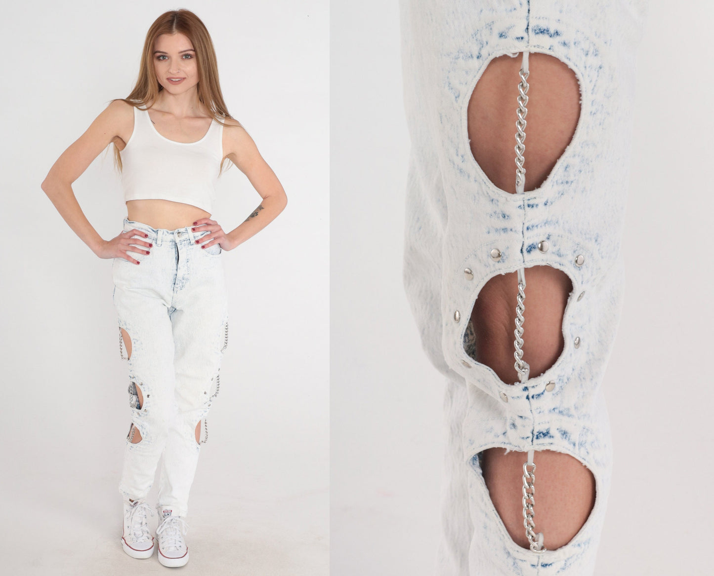 90s Cutout Chain Skinny Jeans Pale Blue Stone Wash High Waisted Extra Small