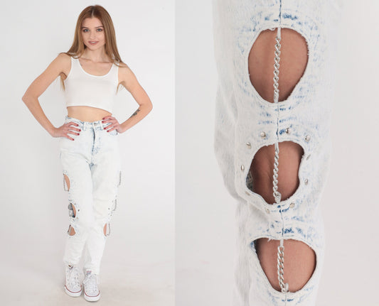 90s Cutout Chain Skinny Jeans Pale Blue Stone Wash High Waisted Extra Small