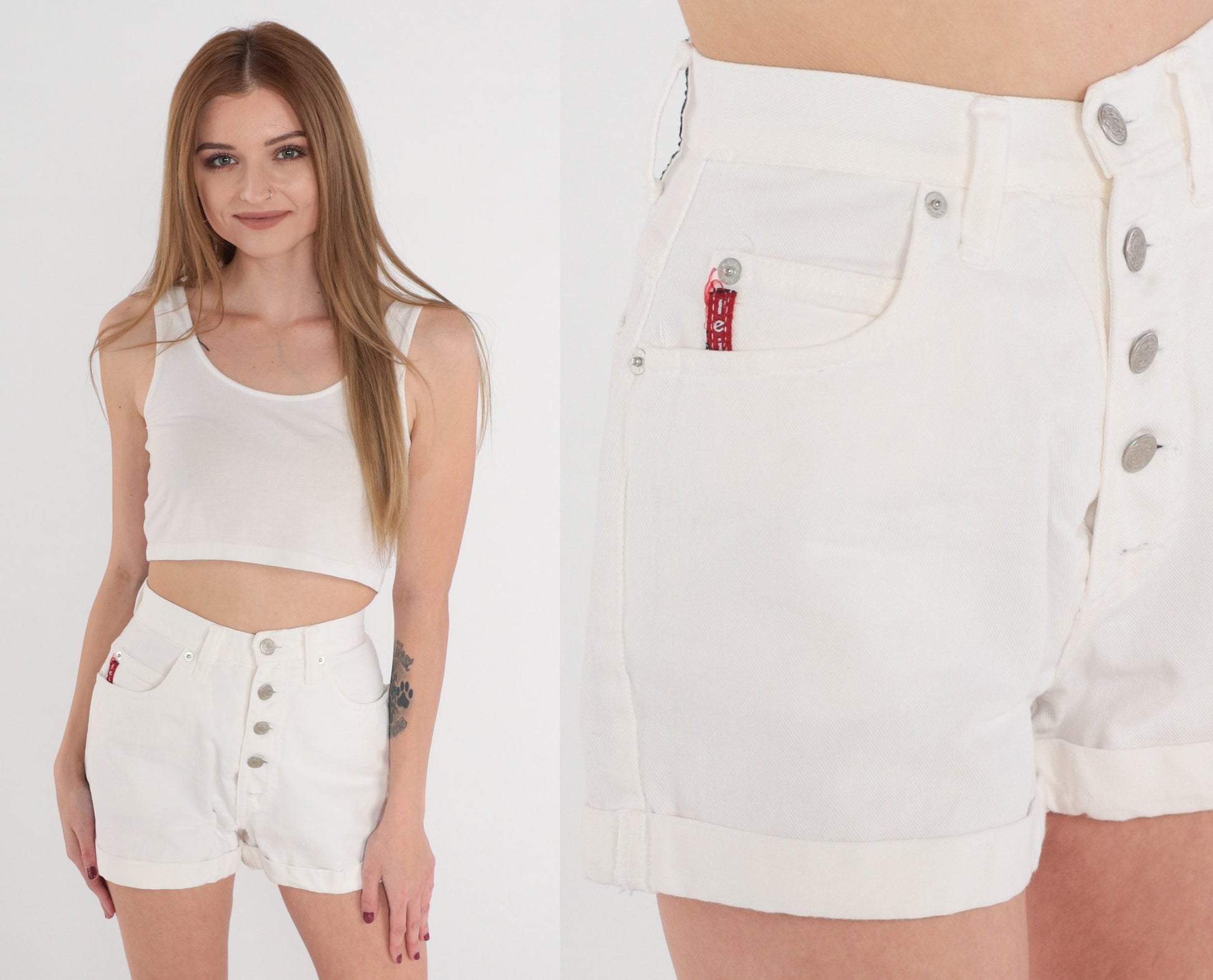Y2K Lei White Denim Shorts High Waisted Cuffed Button Fly Extra Small