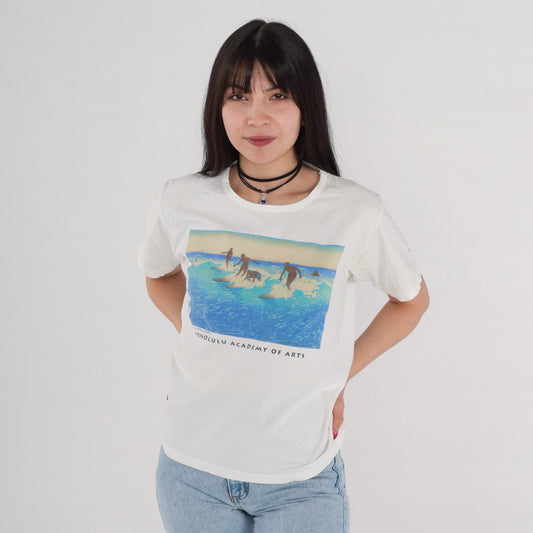 90s Surf Riders Honolulu Graphic T-Shirt Charles William Bartlett White Small