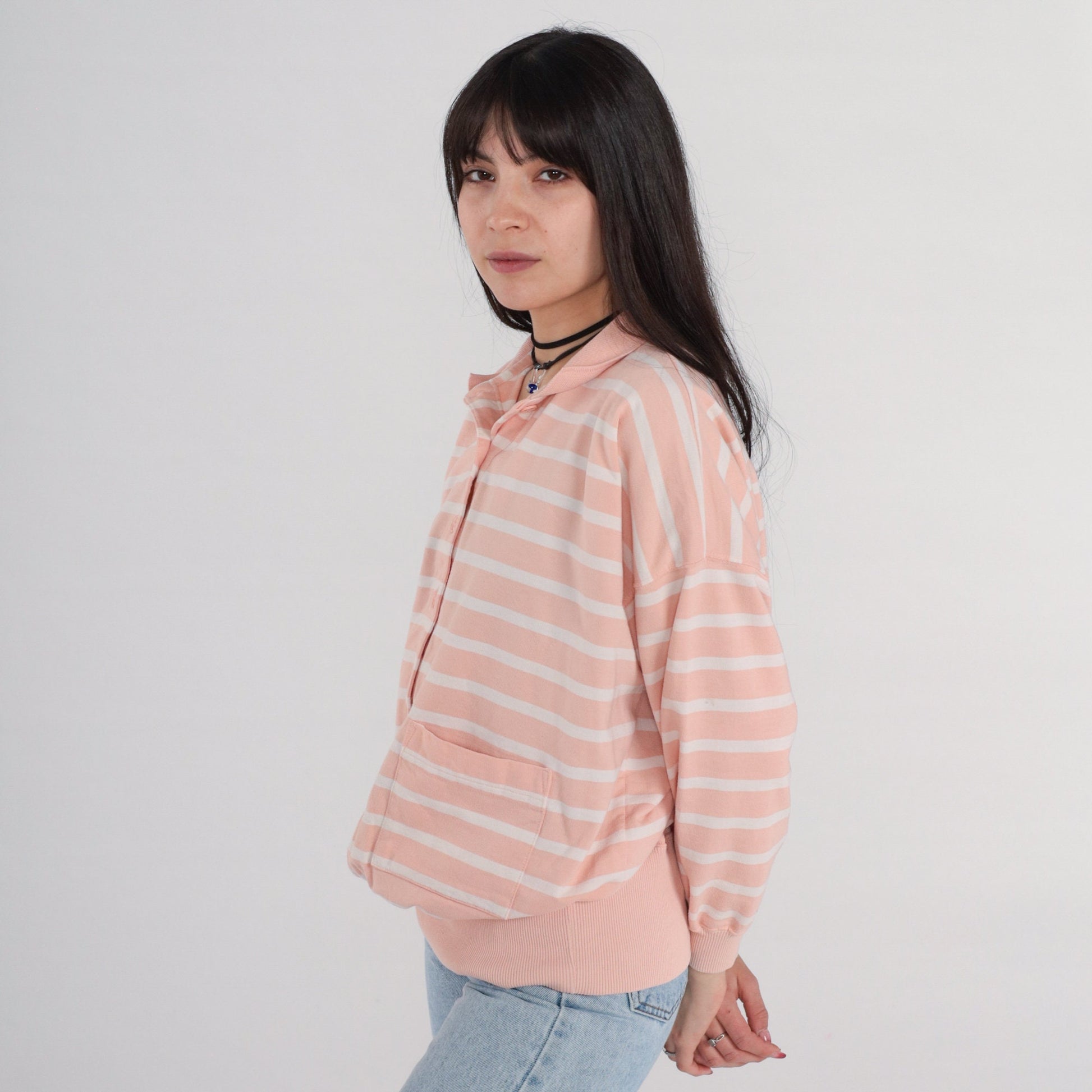 90s Peach Striped Polo Sweatshirt Collared Cotton Blend White Large