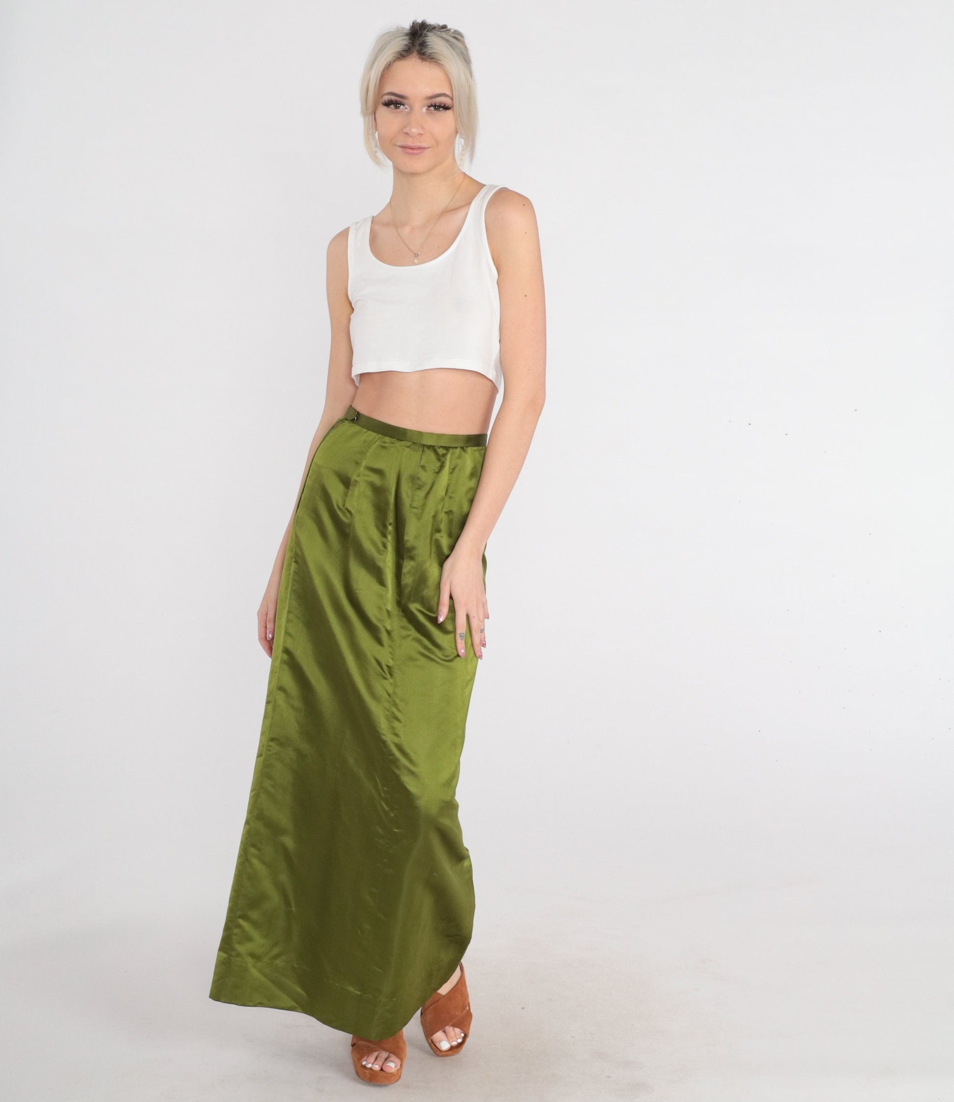 60s High-Waisted Maxi Skirt Shiny Green Pea Acetate Blend XS