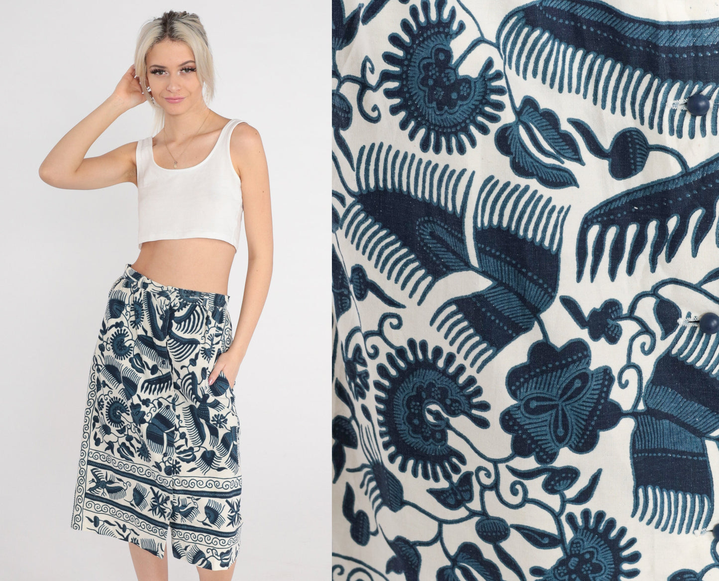 70s Campus Casuals Midi Skirt White Blue Floral Print High Waist Pockets Small
