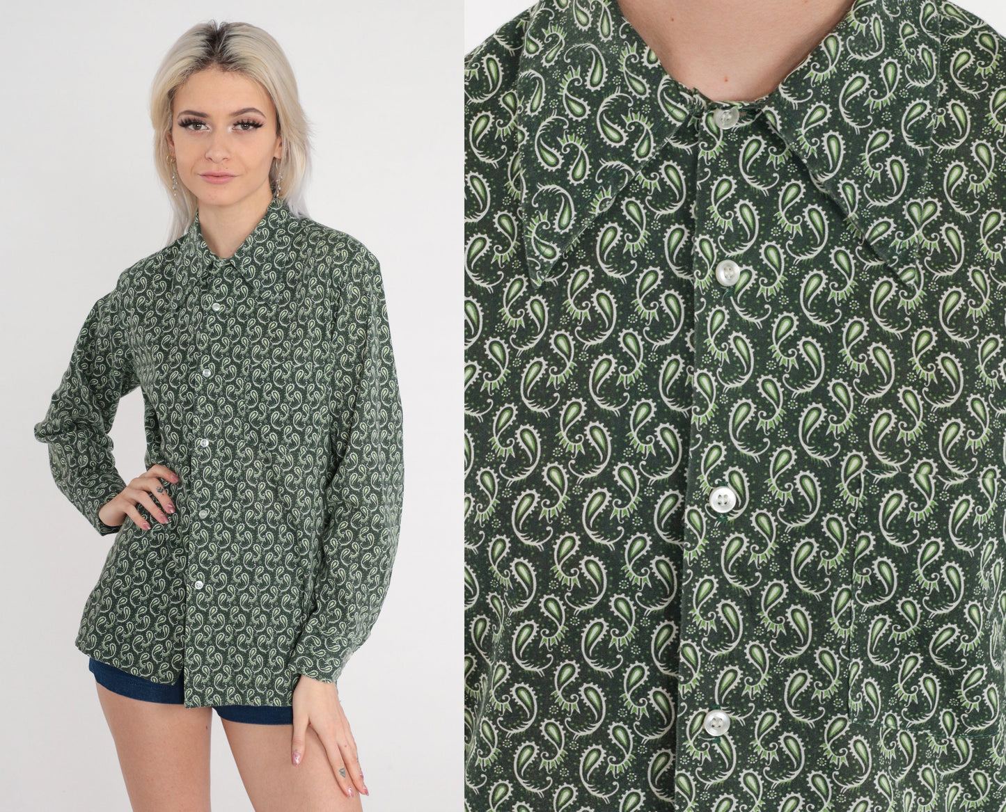 70s Paisley Button-Up Shirt Dark Green Pointed Collar Disco Long Sleeve Medium