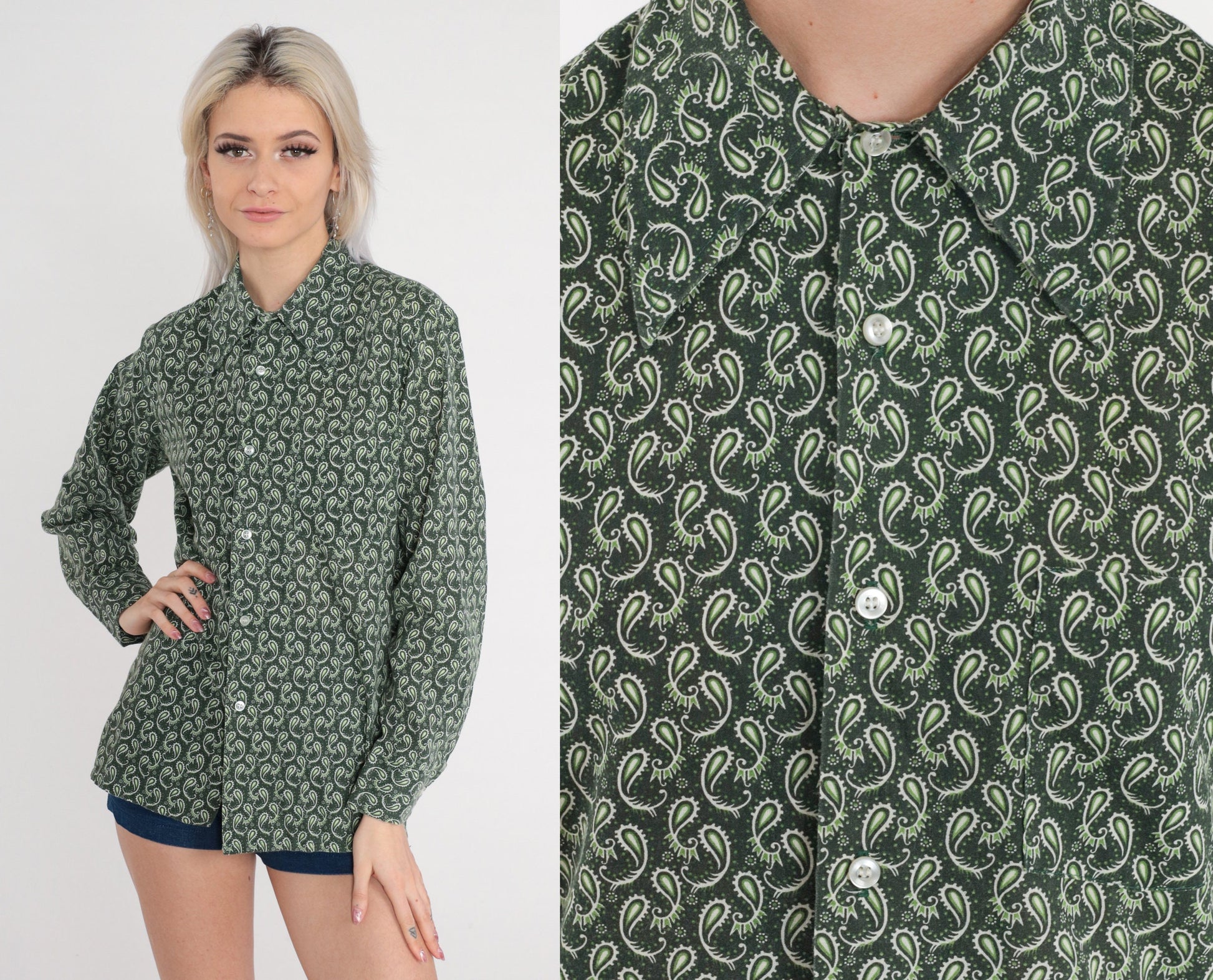 70s Paisley Button-Up Shirt Dark Green Pointed Collar Disco Long Sleeve Medium