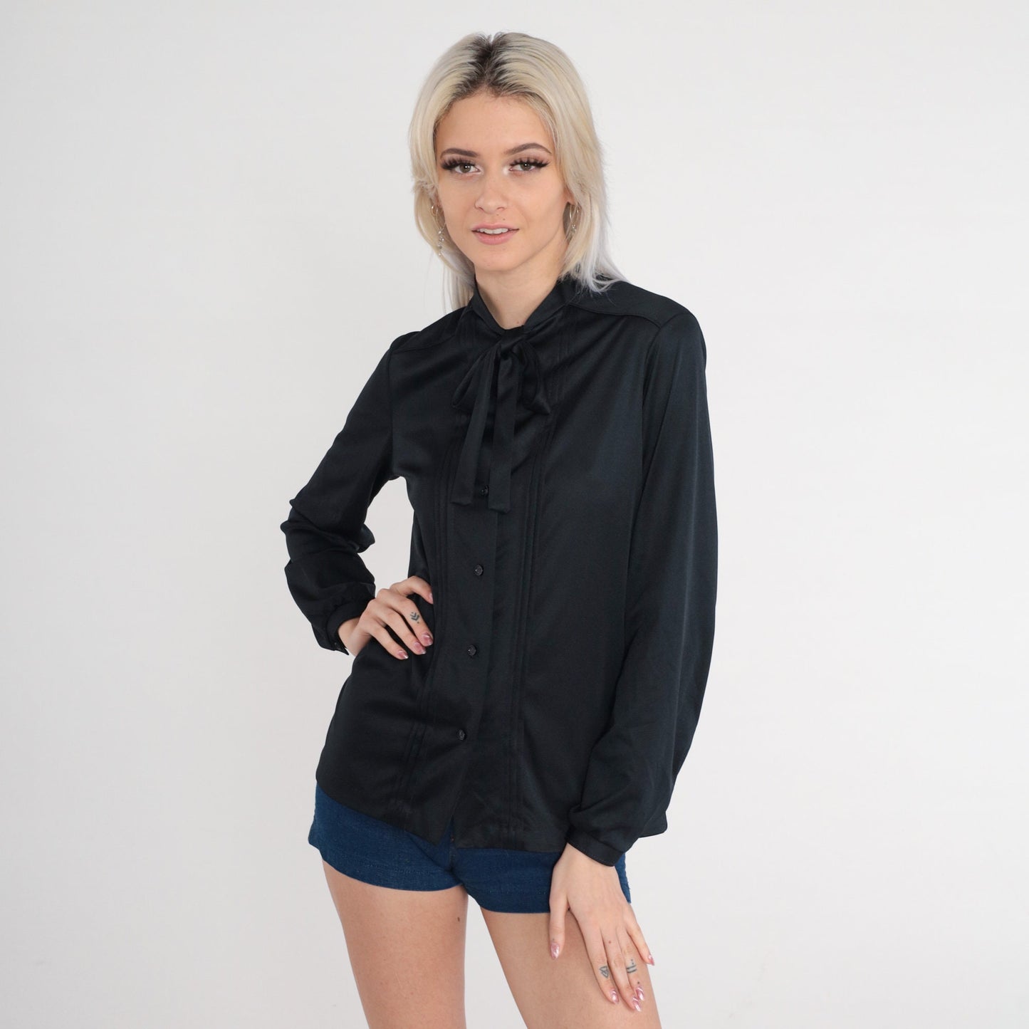 70s Black Ascot Blouse Button-Up Pleated Long Sleeve Neck Bow Small
