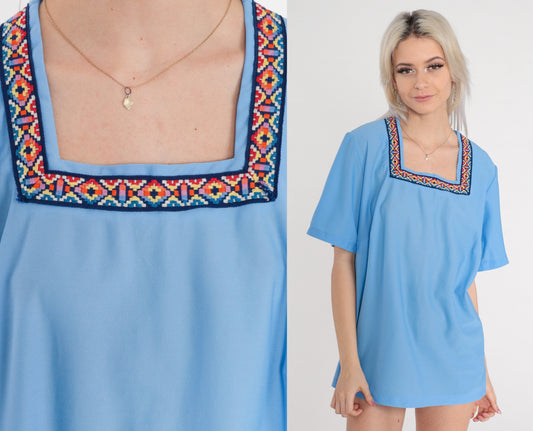70s Blue Embroidered Blouse Square Neck Belted Short Sleeve Extra Large XL