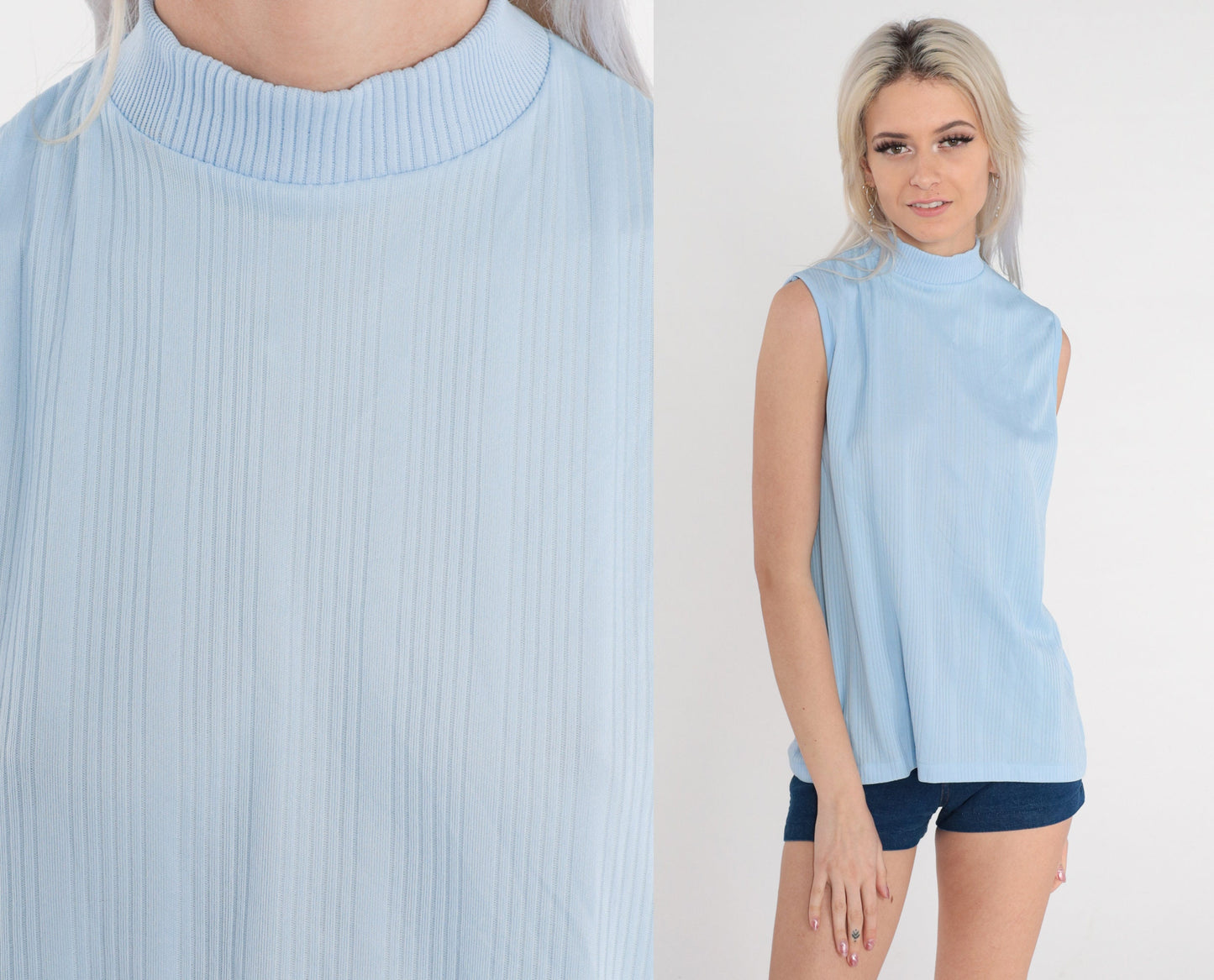 70s Powder Blue Mock Neck Tank Top Ribbed Sleeveless Shirt Medium Large