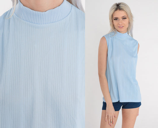 70s Powder Blue Mock Neck Tank Top Ribbed Sleeveless Shirt Medium Large