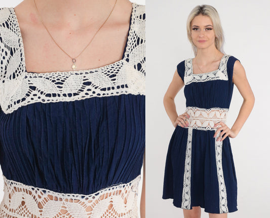 70s Navy Crochet Mini Dress White Open Weave Sleeveless High Waist Small S