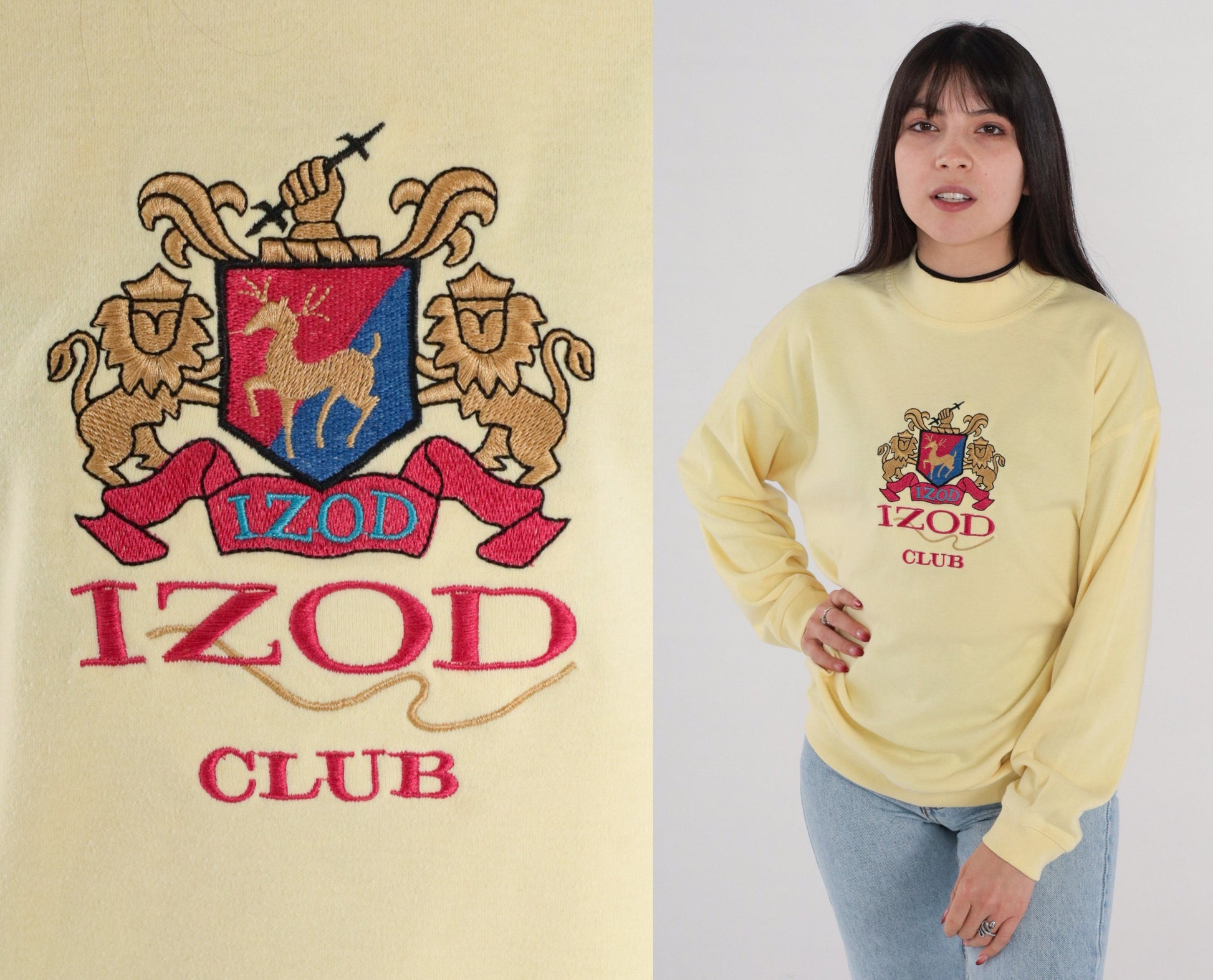 90s Izod Club Coat of Arms Embroidered Long Sleeve Shirt Light Yellow Extra Large