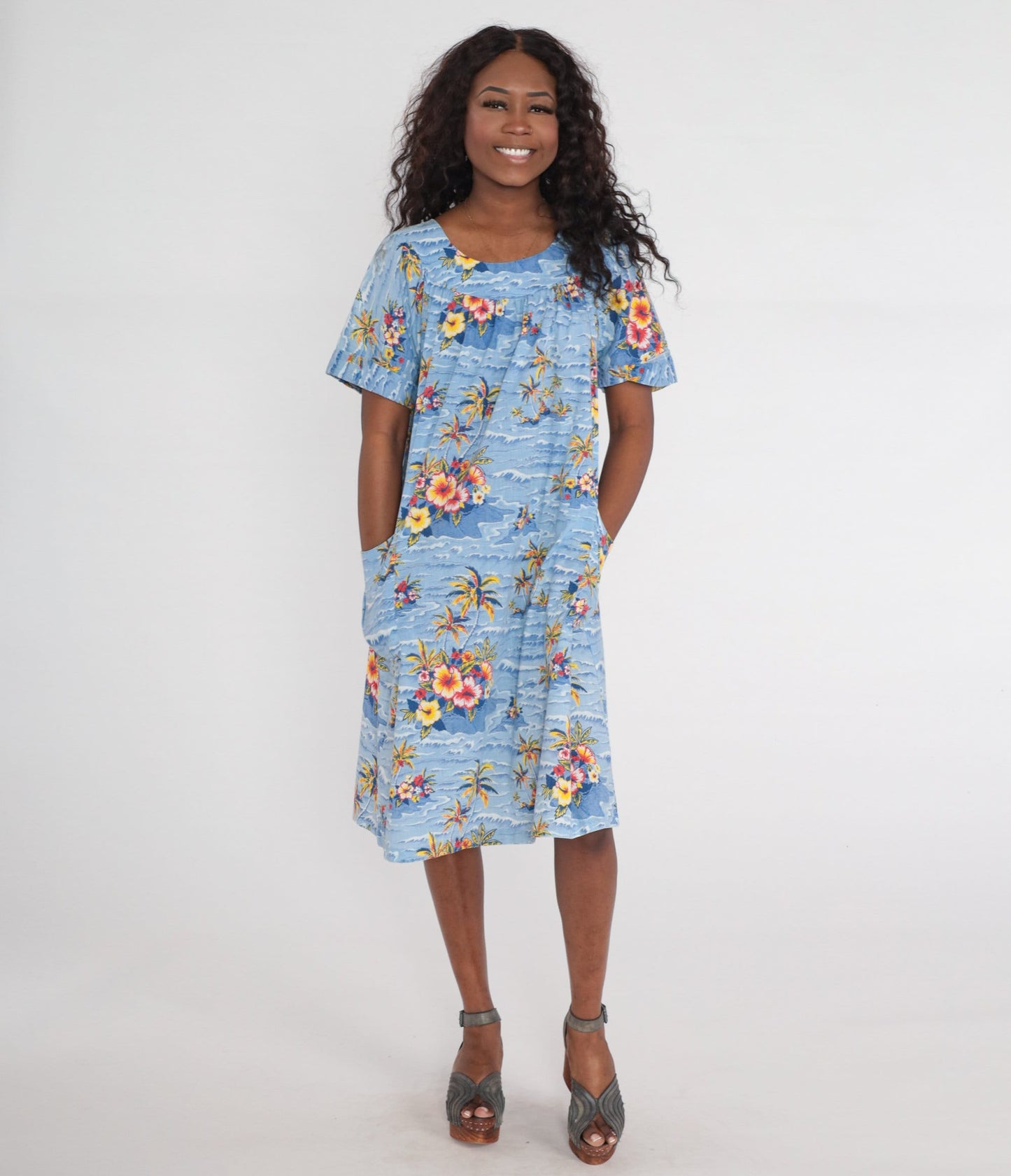 70s Hawaiian Tropical Floral Midi Dress Palm Tree Tent Cut Blue Large