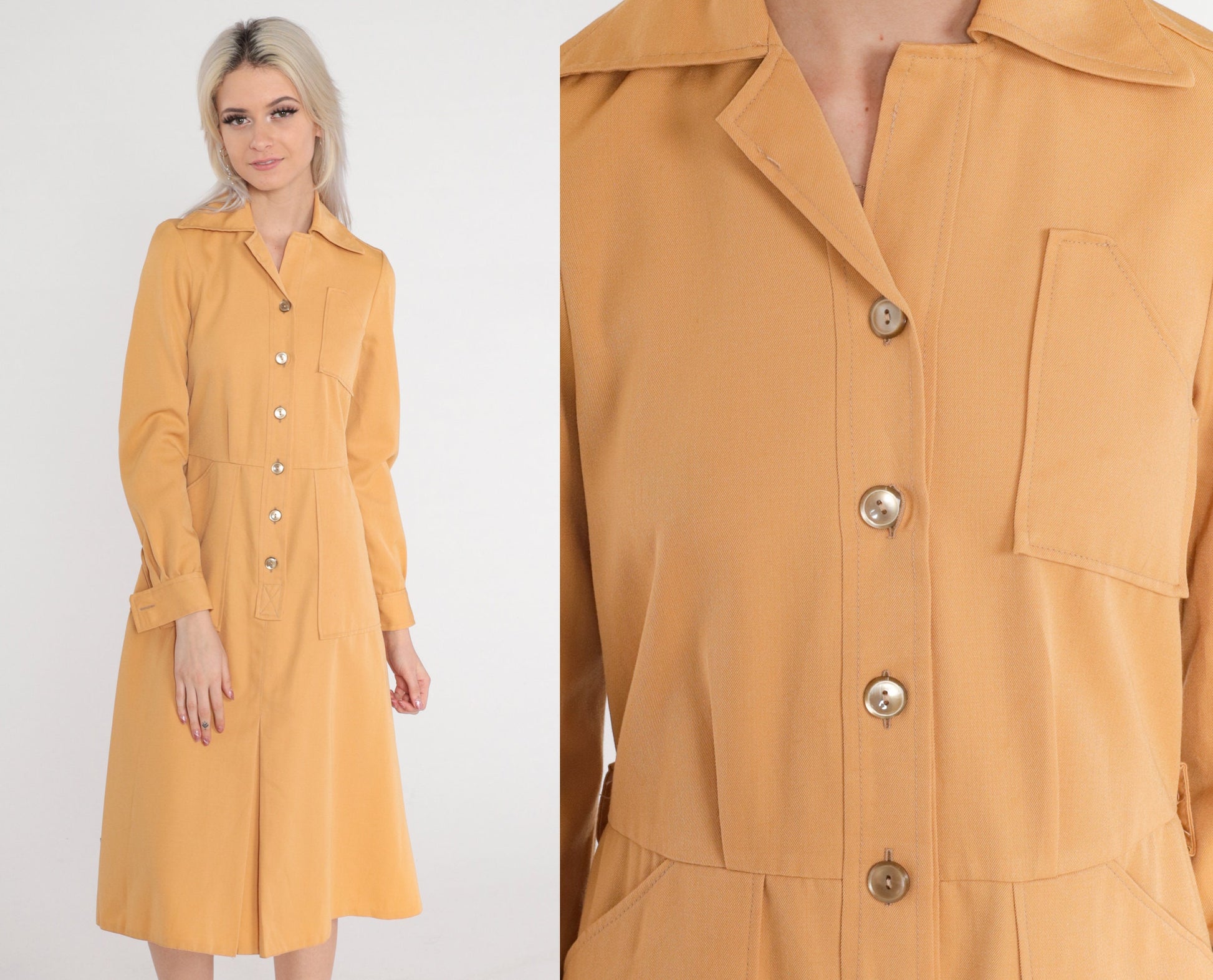 70s Camel Midi Shirtdress High Waisted Button Up Collared Long Sleeve Extra Small