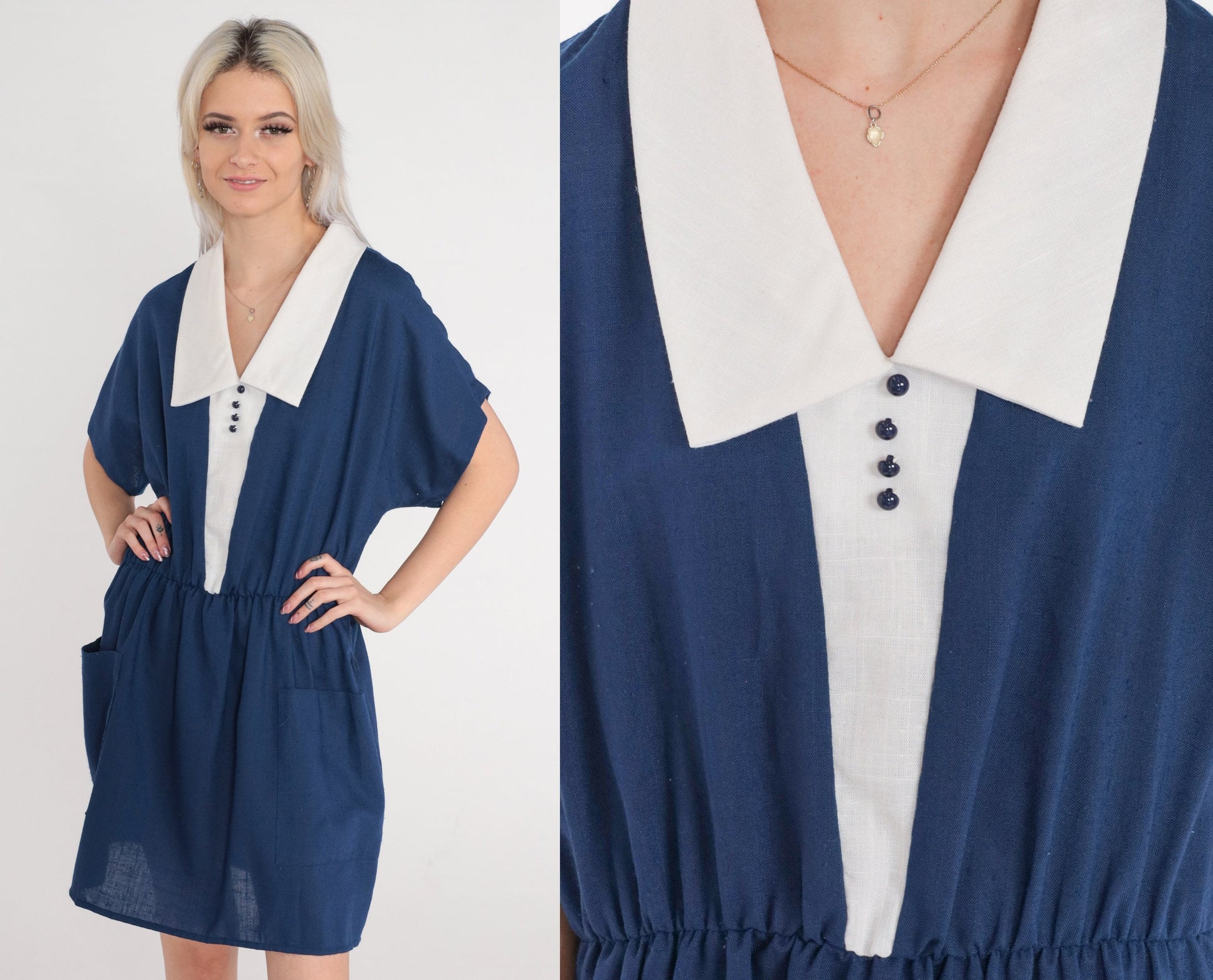 80s Blue Mini Dress White Chelsea Collar High Waisted Pockets Large L