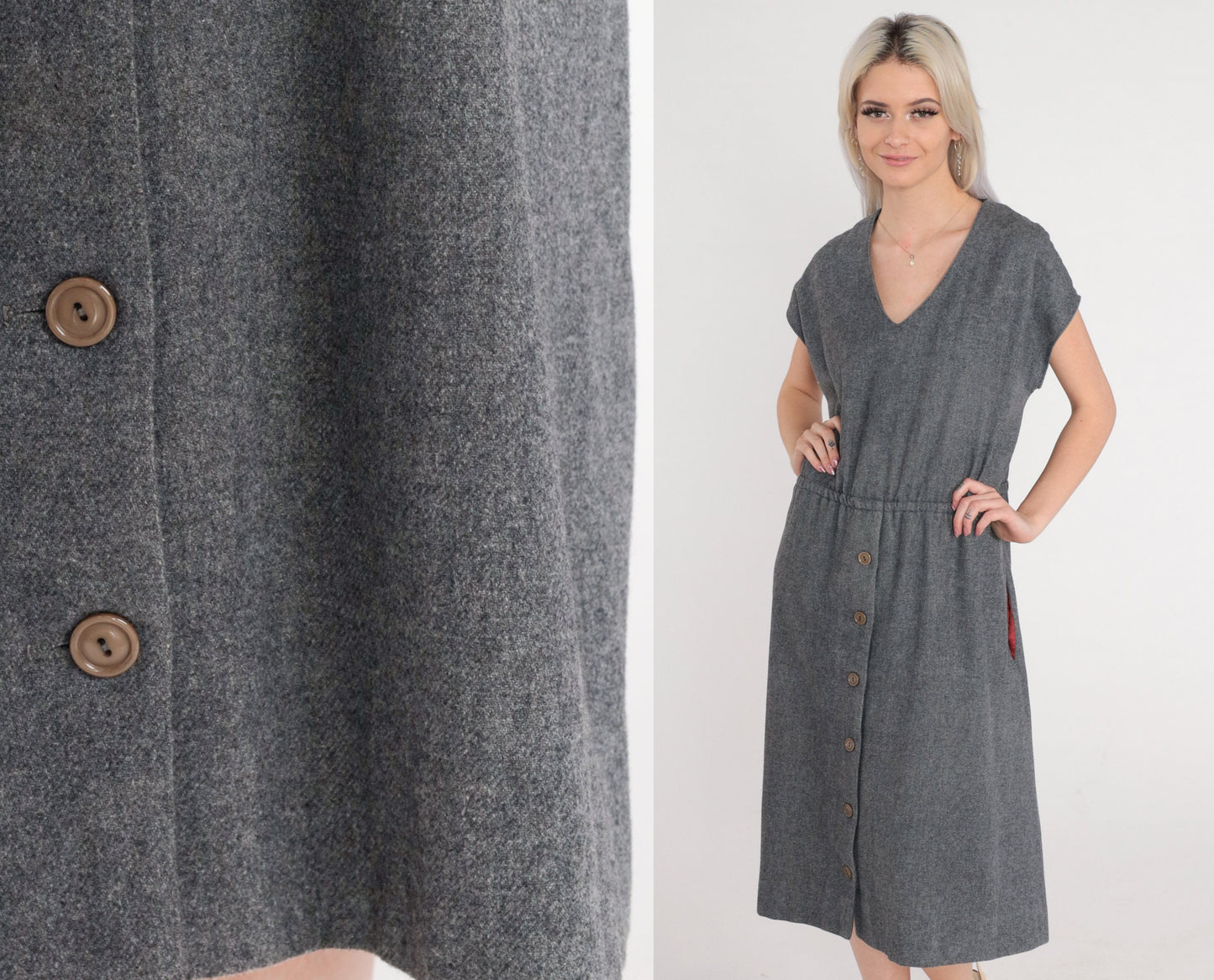 60s David Warren Wool Midi Dress Grey High Waisted V Neck Medium Large