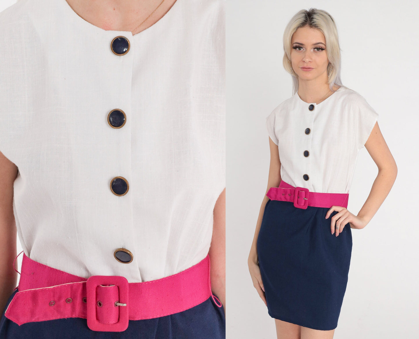 80s Color Block Mini Dress Button-Up White Navy Pink Belt Cap Sleeve Small