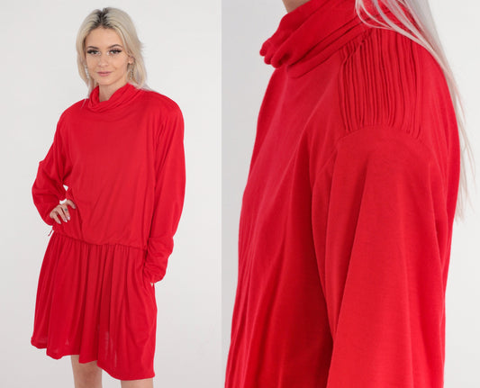 80s Red Mini Dress Turtleneck Blouson Pleated High Waist Long Sleeve Large