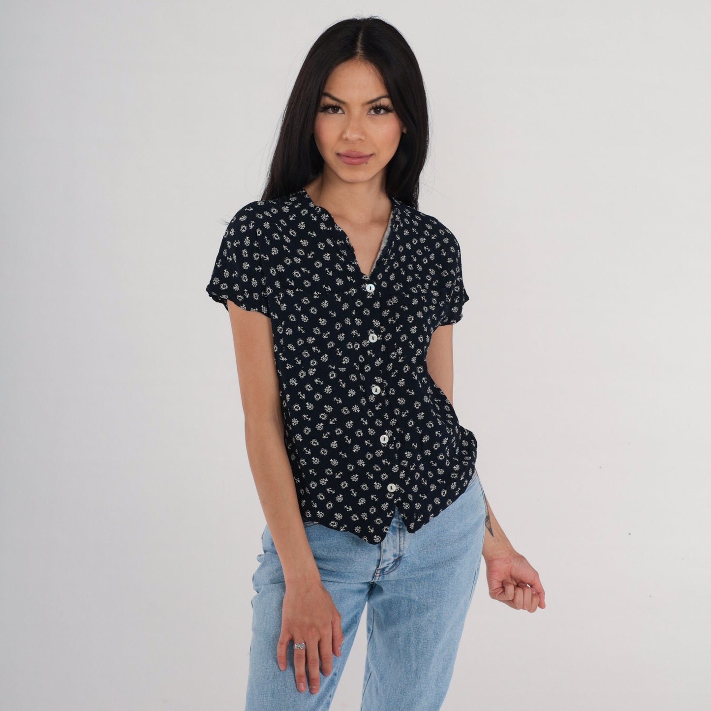 90s Liz Claiborne Nautical Button Up Blouse Navy Anchor Print Small