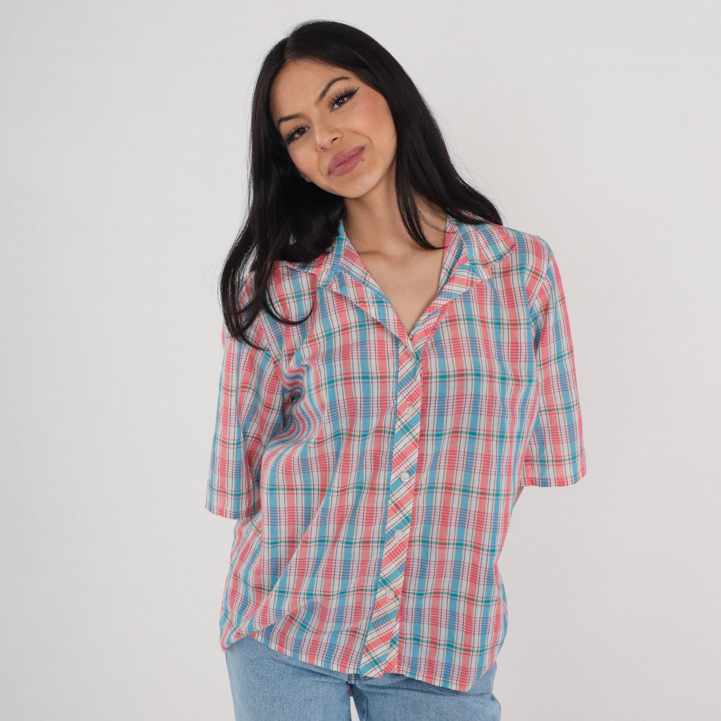 80s Plaid Button-Up Blouse Pink White Blue Checkered Short Sleeve Large L