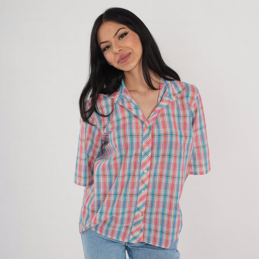 80s Plaid Button-Up Blouse Pink White Blue Checkered Short Sleeve Large L