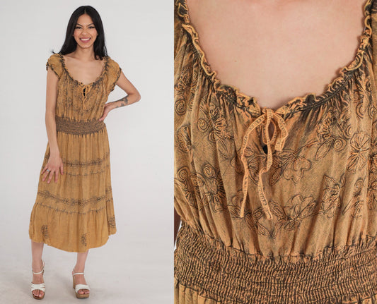 90s Indian Embroidered Floral Midi Dress Brown Cap Sleeve Medium Large