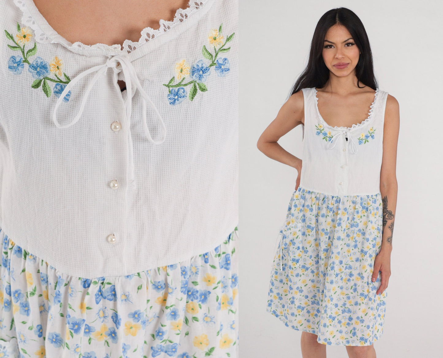 Y2K White Floral Mini Dress Embroidered Lace Trim High Waist Button Front Medium