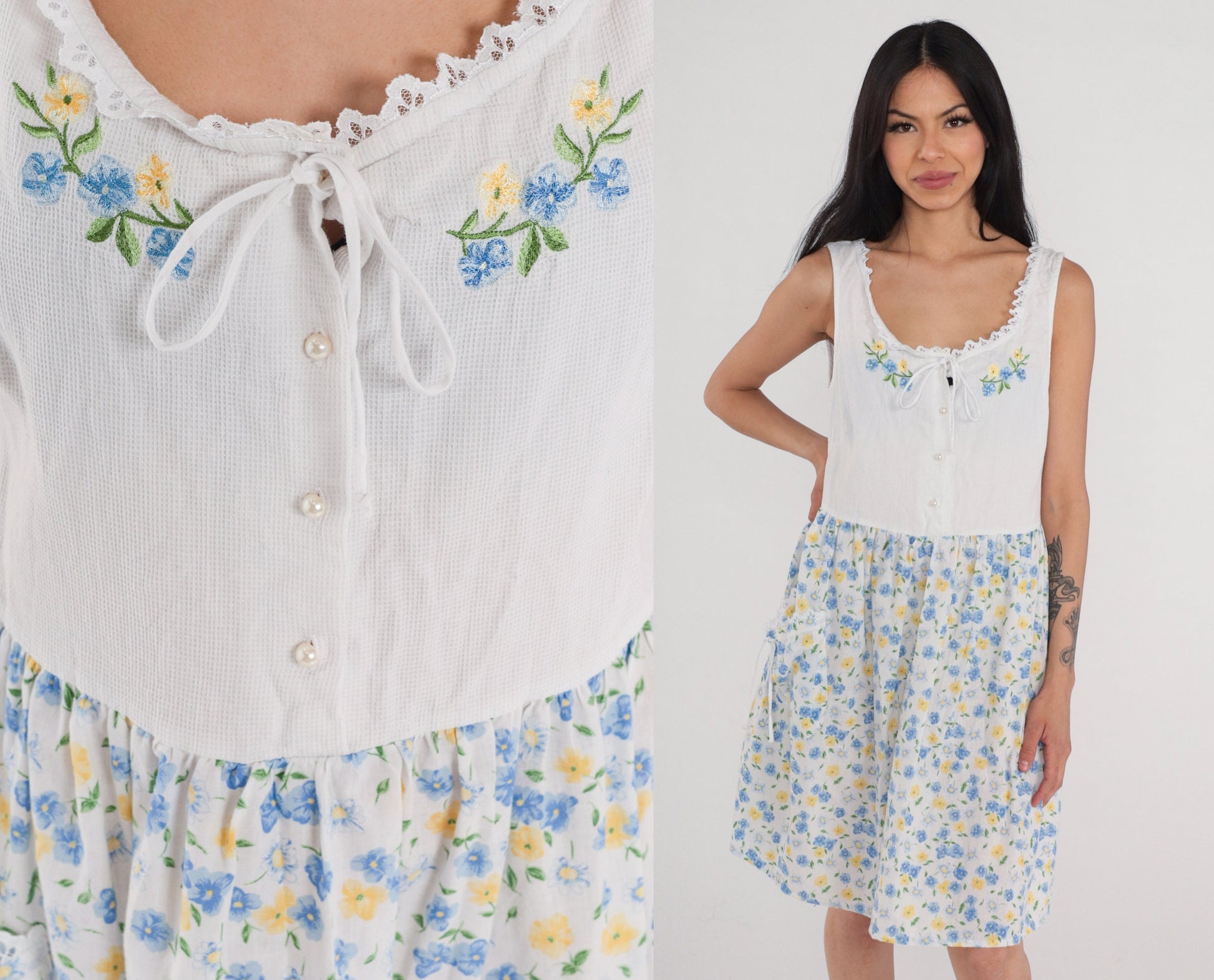 Y2K White Floral Mini Dress Embroidered Lace Trim High Waist Button Front Medium
