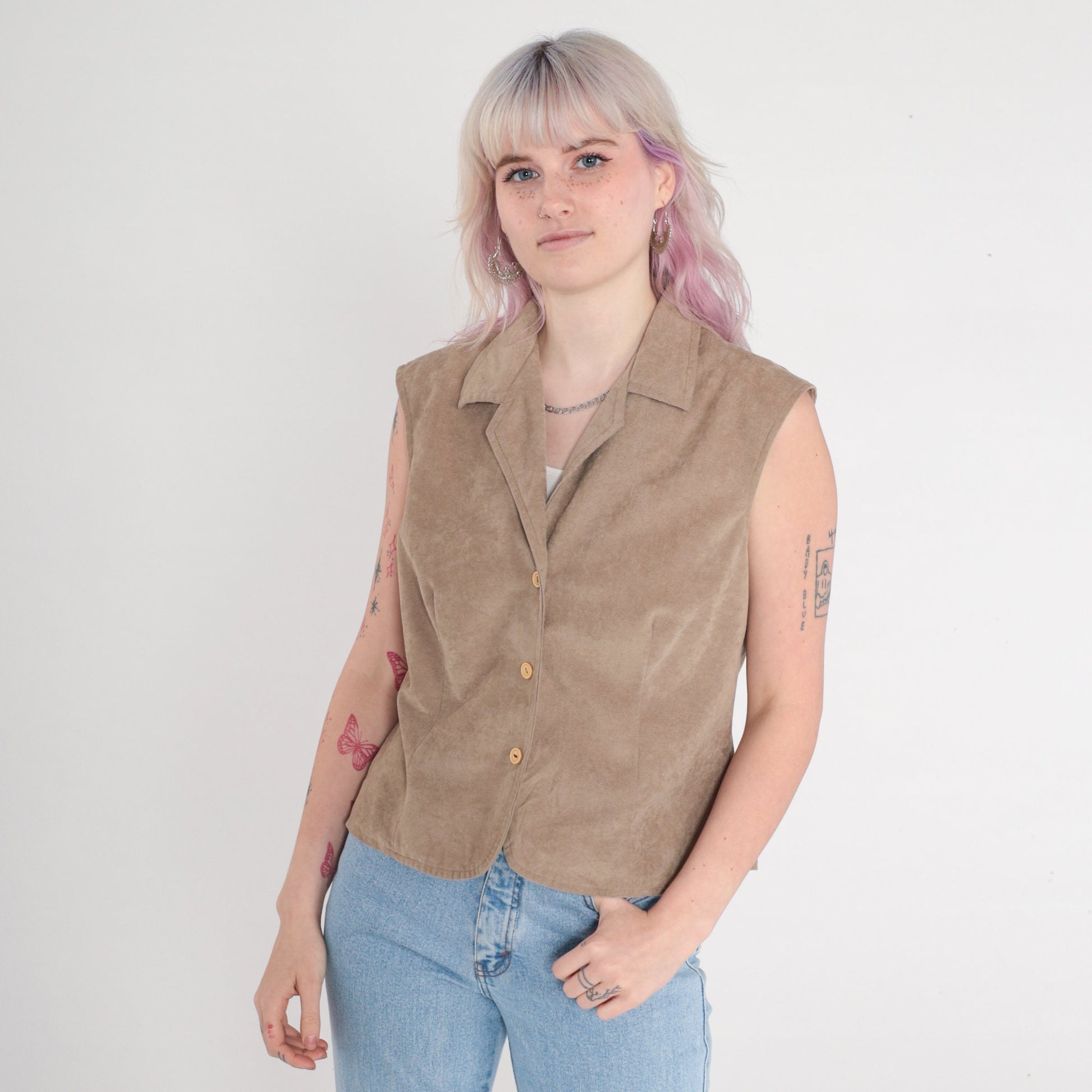 90s Taupe Faux Suede Button-Up Tank Top Sleeveless Collared Medium