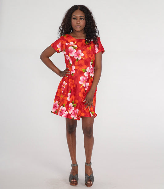 70s Ui-Maikai Hawaiian Floral Shift Dress Mini Red Pink Cotton Medium