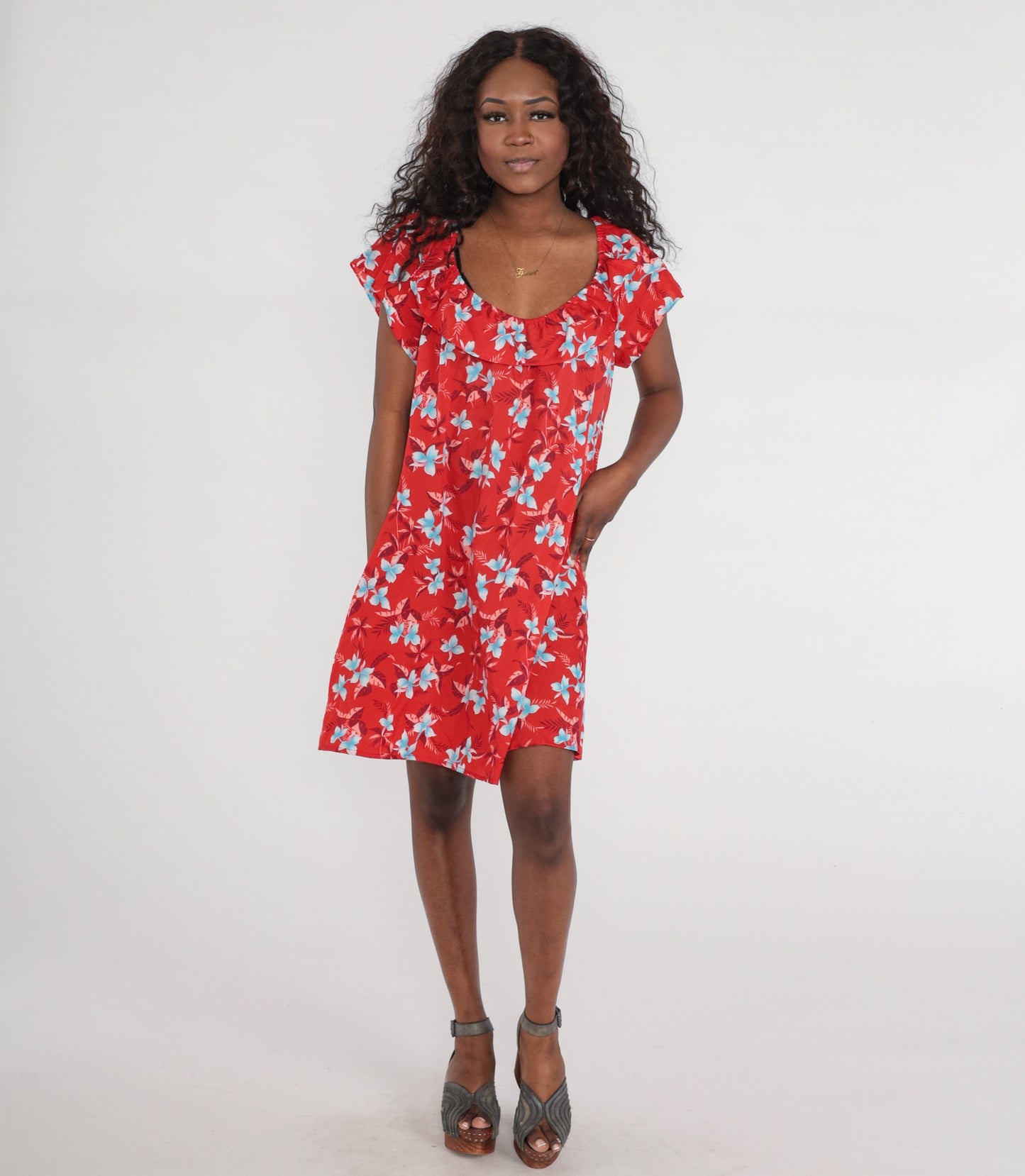 80s Hawaiian Floral Mini Dress Red Shift Short Sleeve Large