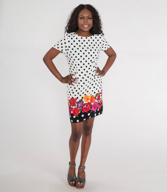 00s Polka Dot Floral Sheath Mini Dress Black White Short Sleeve Medium 8