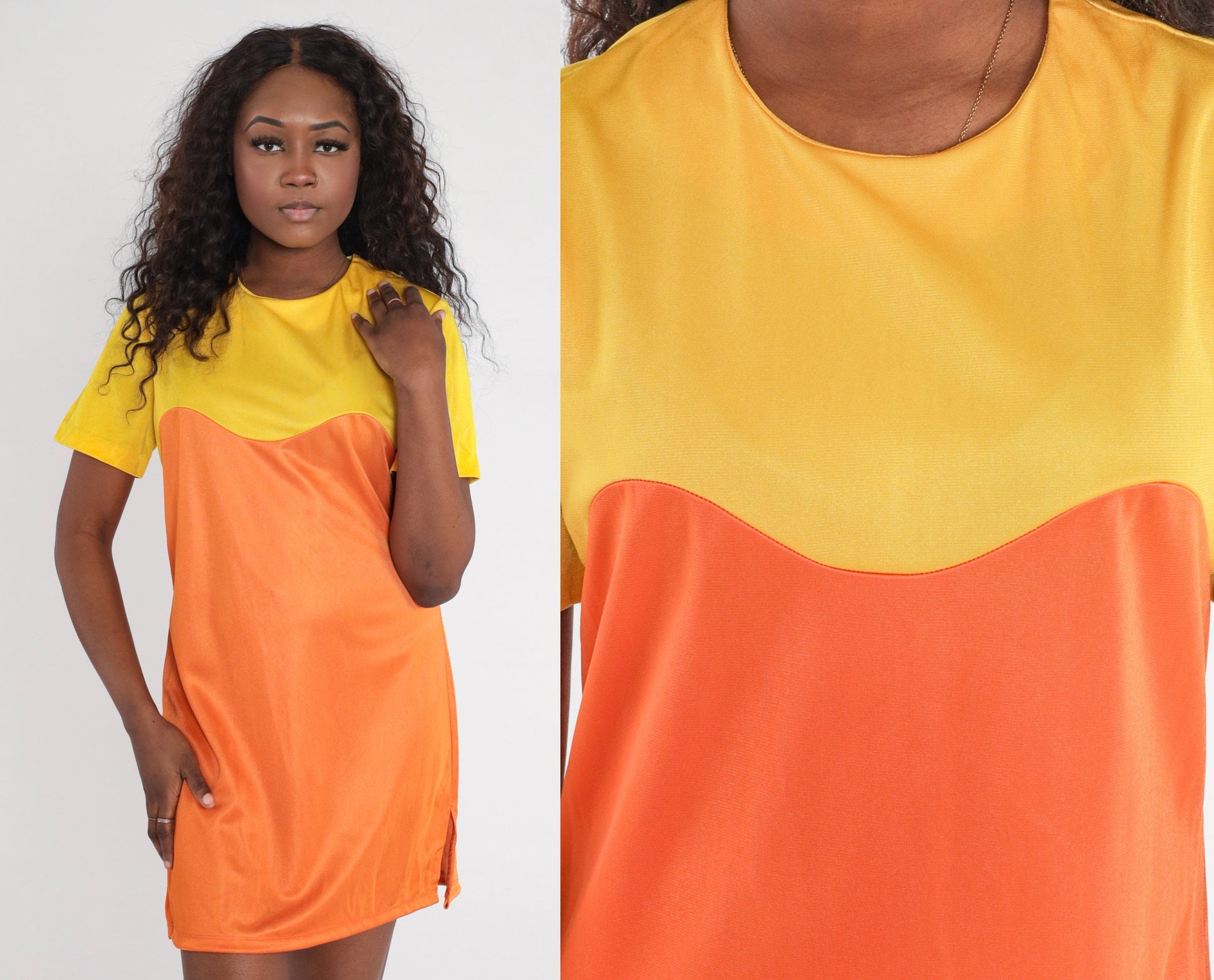 1960s Mod Mini Shift Dress Orange Yellow Colour Block Sleeveless Medium