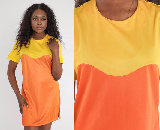 1960s Mod Mini Shift Dress Orange Yellow Colour Block Sleeveless Medium