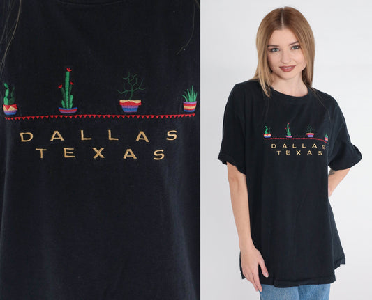 90s Dallas Texas Embroidered Potted Plants T-Shirt Black Cotton Extra Large XL