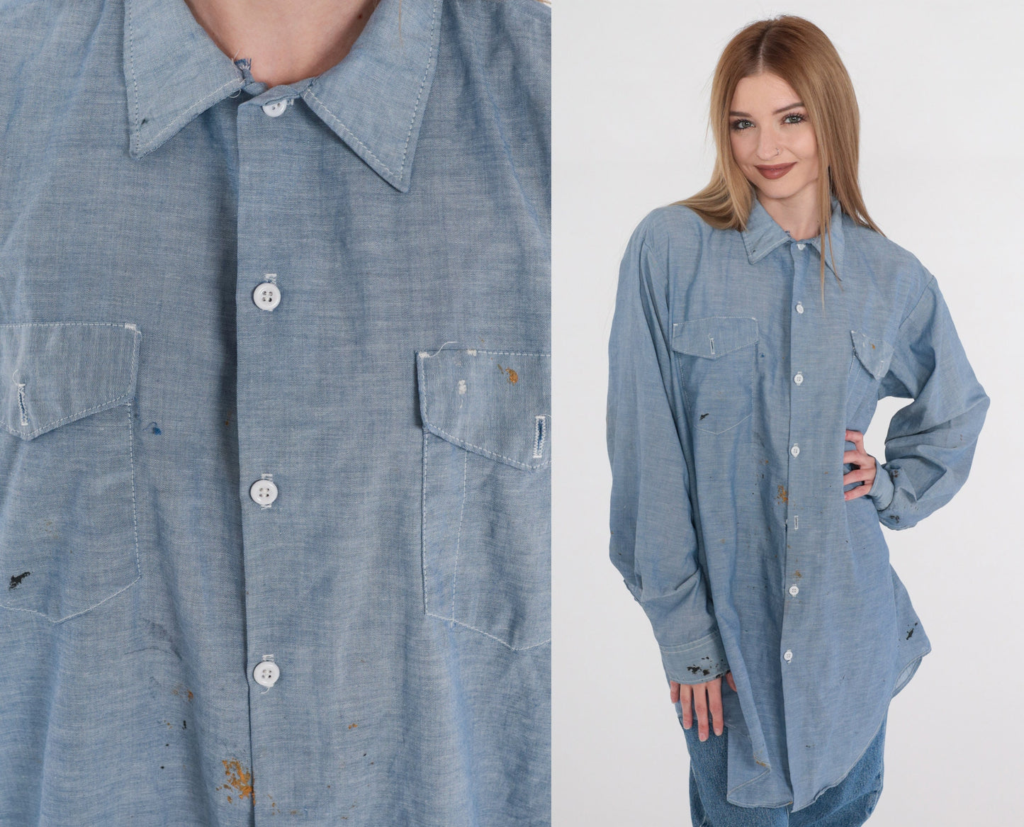 80s Key Imperial Chambray Button-Up Shirt Blue Paint Splatter Distressed XL