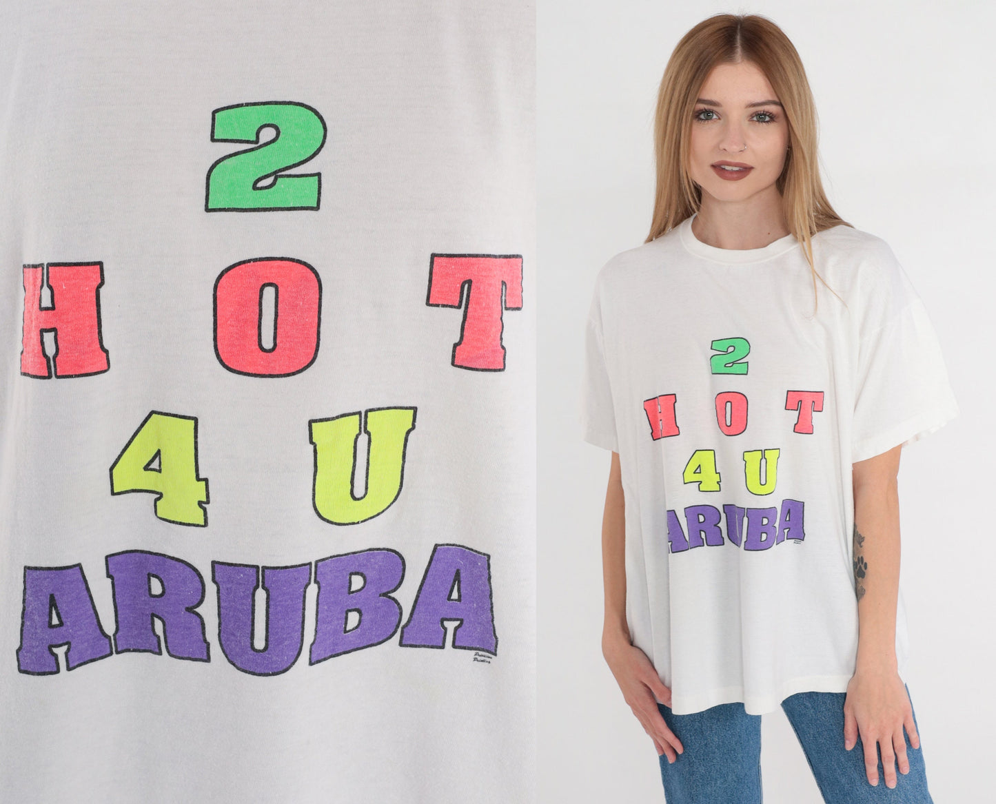 90s 2 Hot 4 U Aruba Jamaica Graphic T-Shirt White Single Stitch Medium