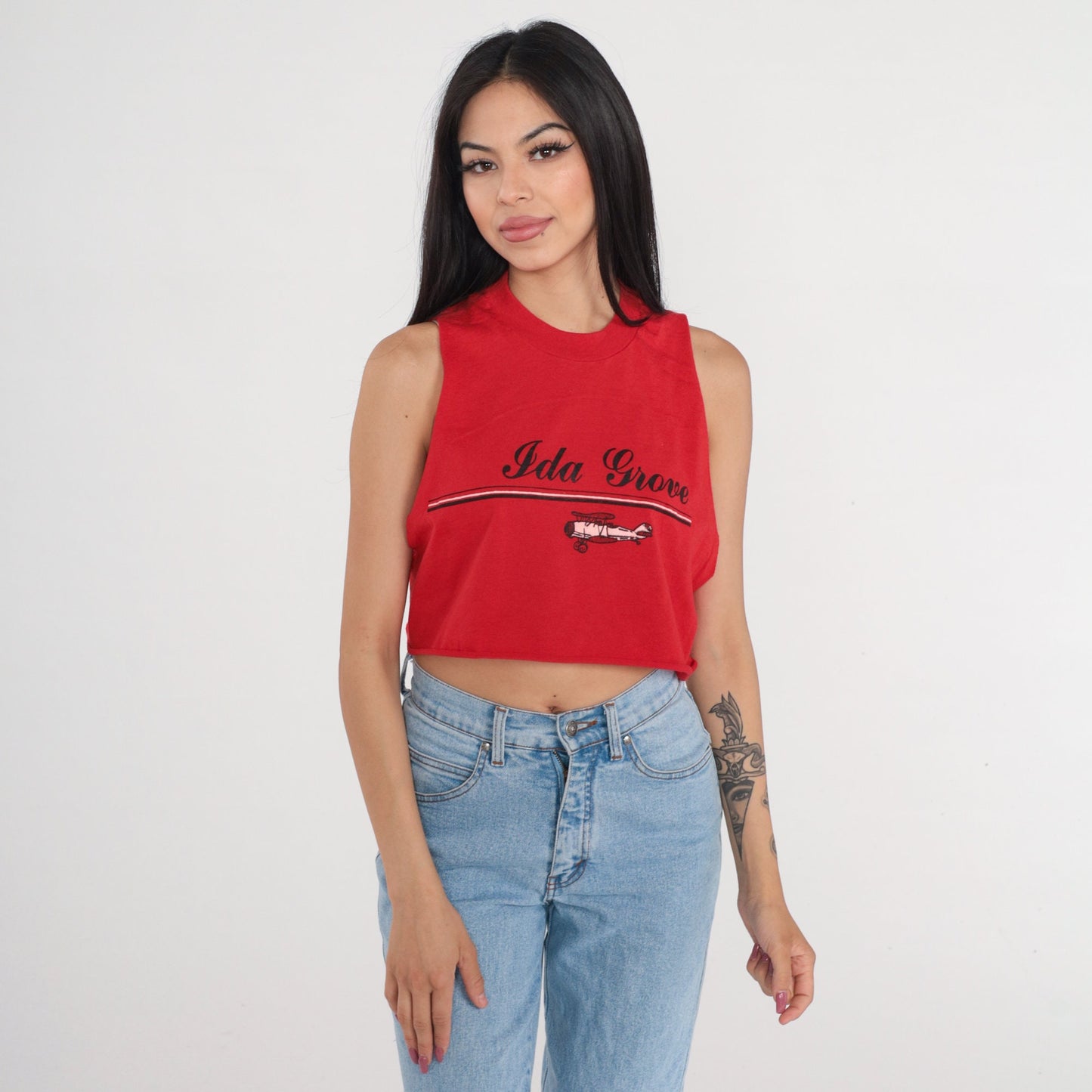 90s Ida Grove Iowa Airplane Graphic Crop Tank Top Red Small