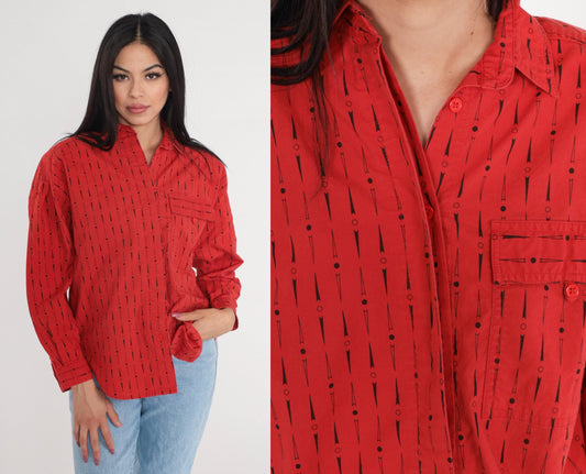 90s Red Cotton Button-Up Shirt Dot Arrow Print Long Sleeve Medium