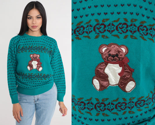 80s Teal Knit Sweater Teddy Bear Floral Hearts Pullover Small