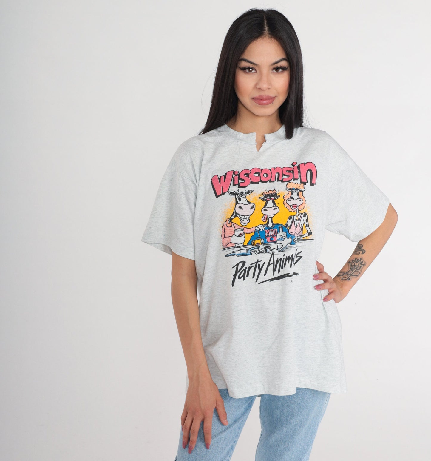 90s Wisconsin Party Animals Cow Graphic T-Shirt White Single Stitch Extra Large