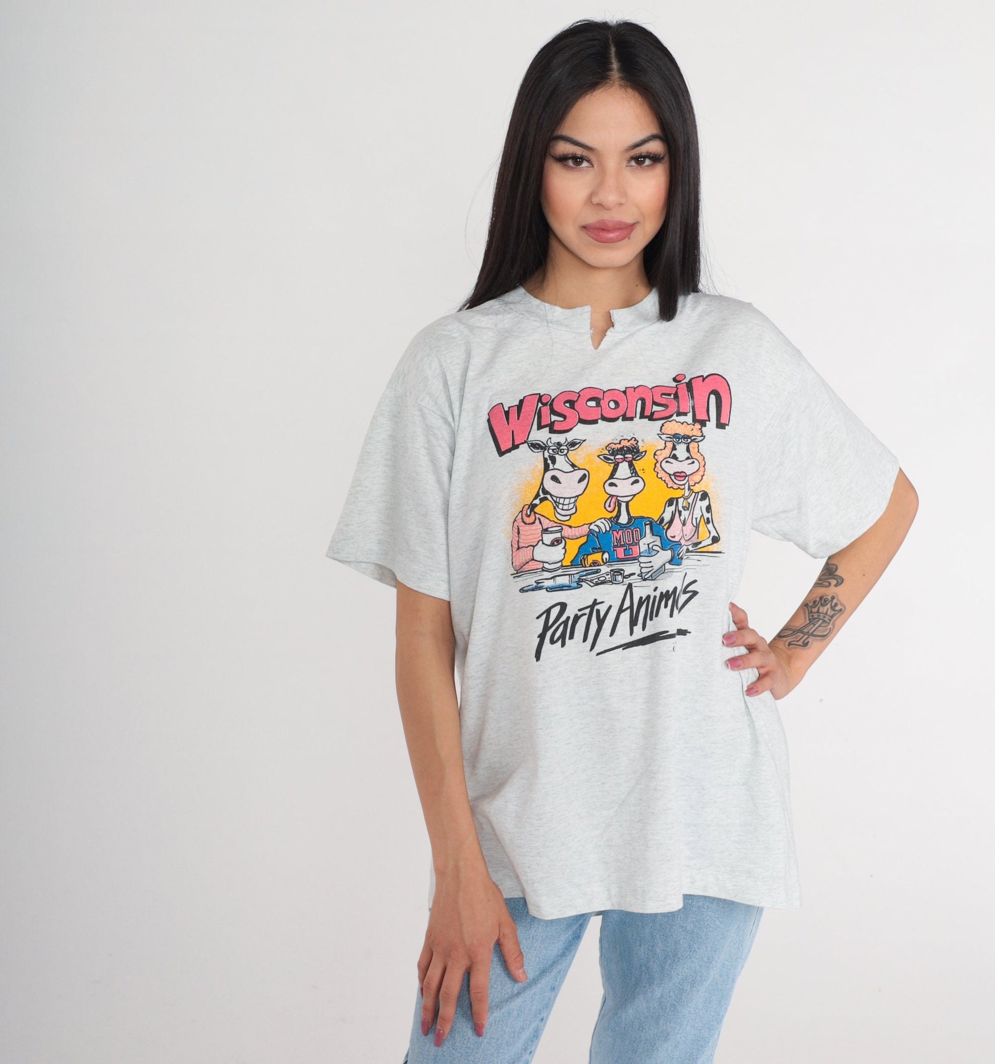 90s Wisconsin Party Animals Cow Graphic T-Shirt White Single Stitch Extra Large