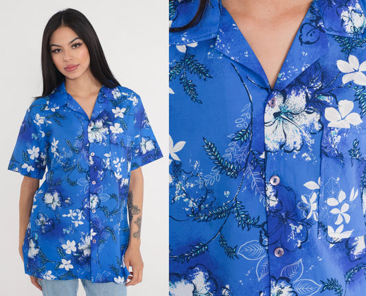 70s Hawaiian Shirt Blue Tropical Floral Button Up Short Sleeve Medium M
