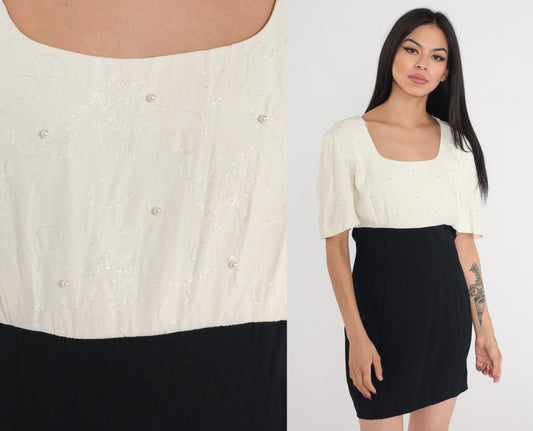 90s Floral Embroidered Pearl Beaded Mini Dress Cream Black Empire Waist Medium M