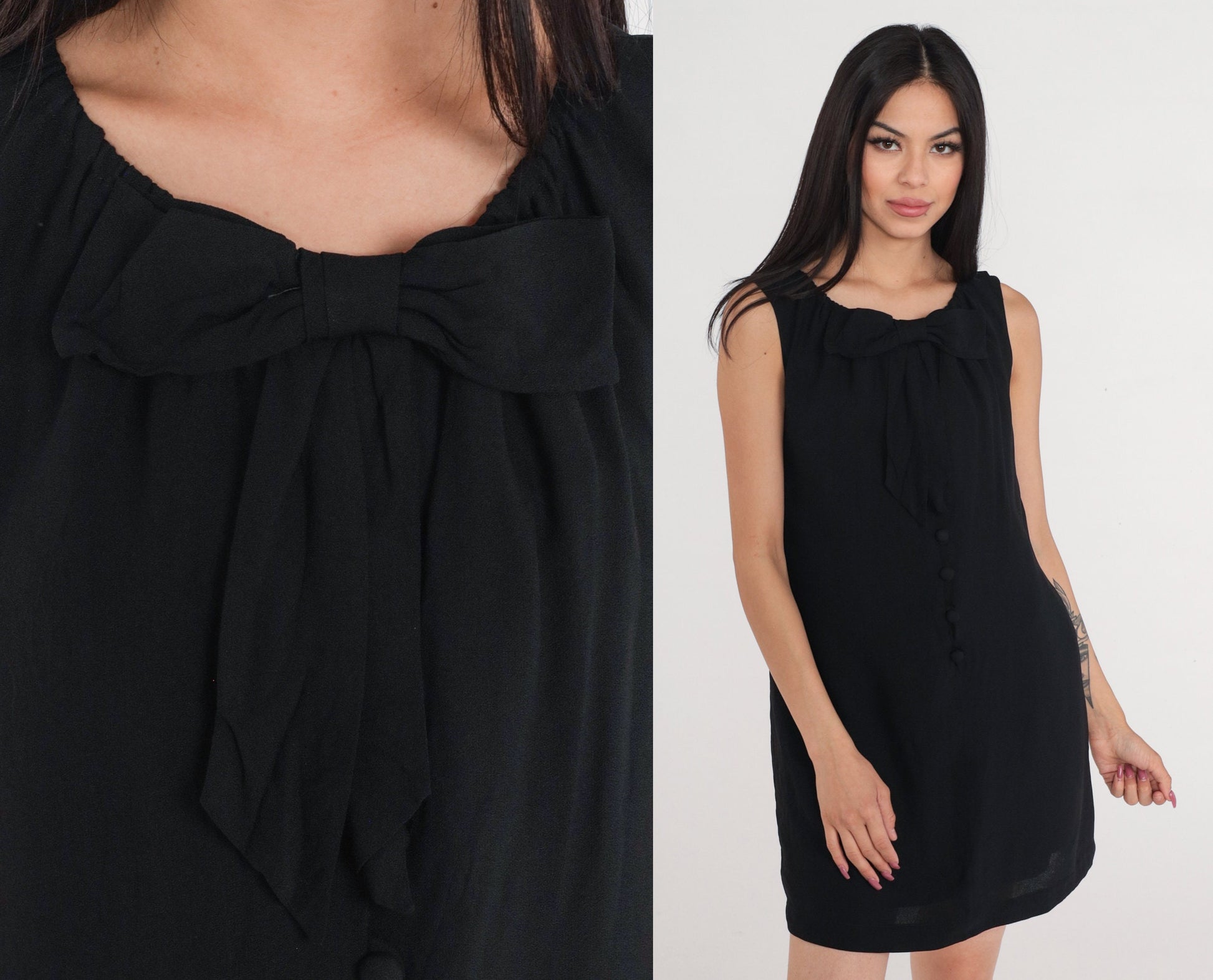 60s Black Shift Dress Bow Neckline Button Front Mini Medium M