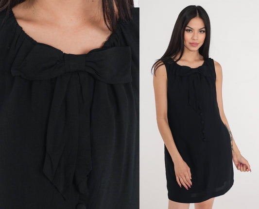 60s Black Shift Dress Bow Neckline Button Front Mini Medium M