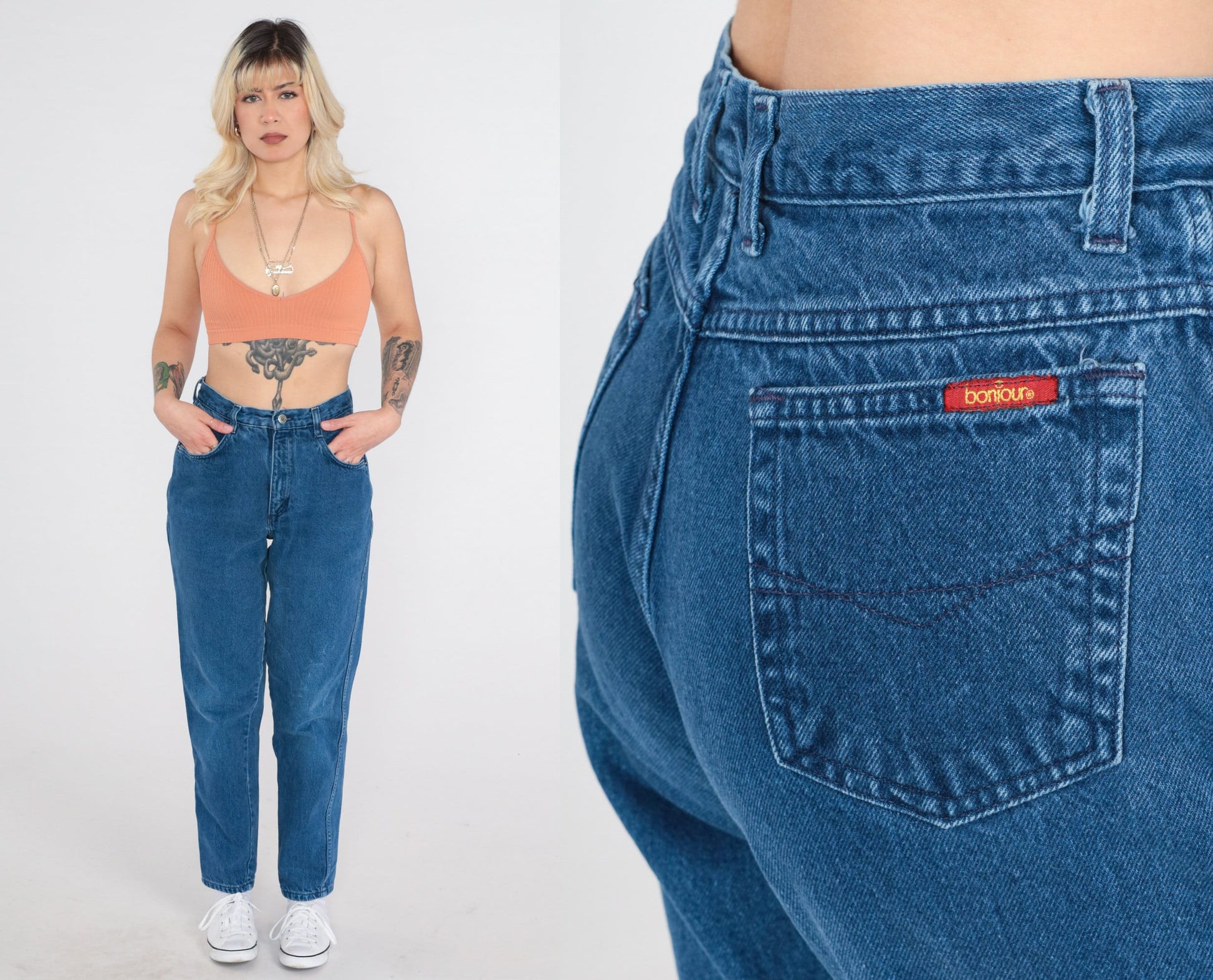 90s Bonjour Tapered Mom Jeans Dark Blue Denim Small